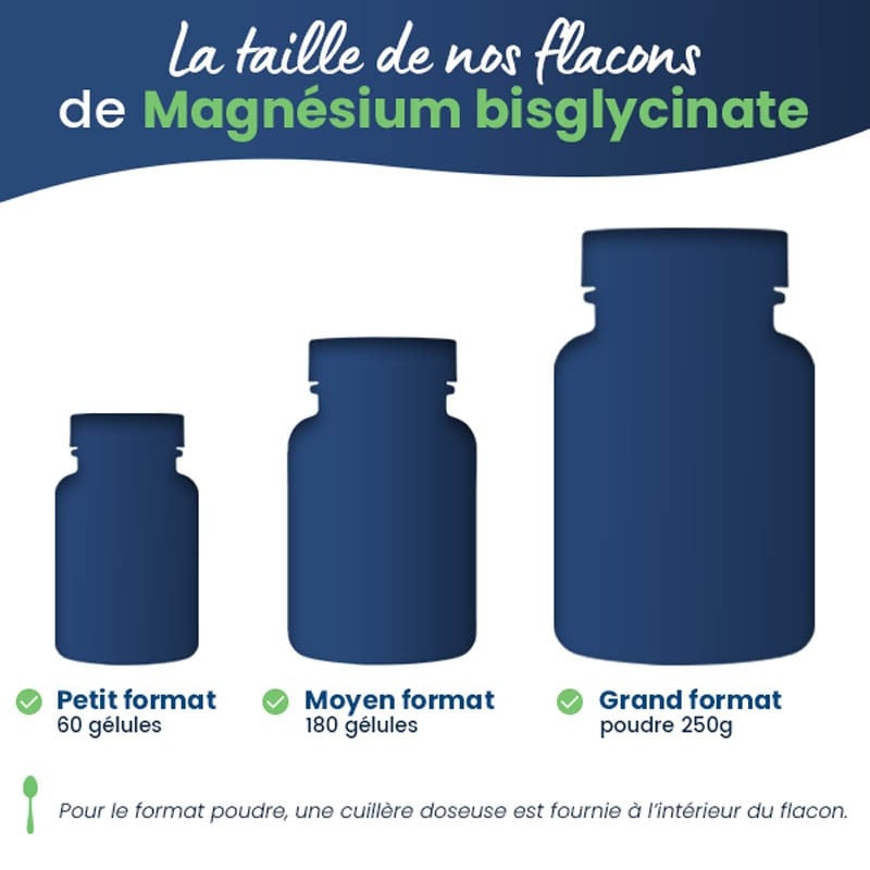 Taille de nos flacons de Magnésium bisglycinate