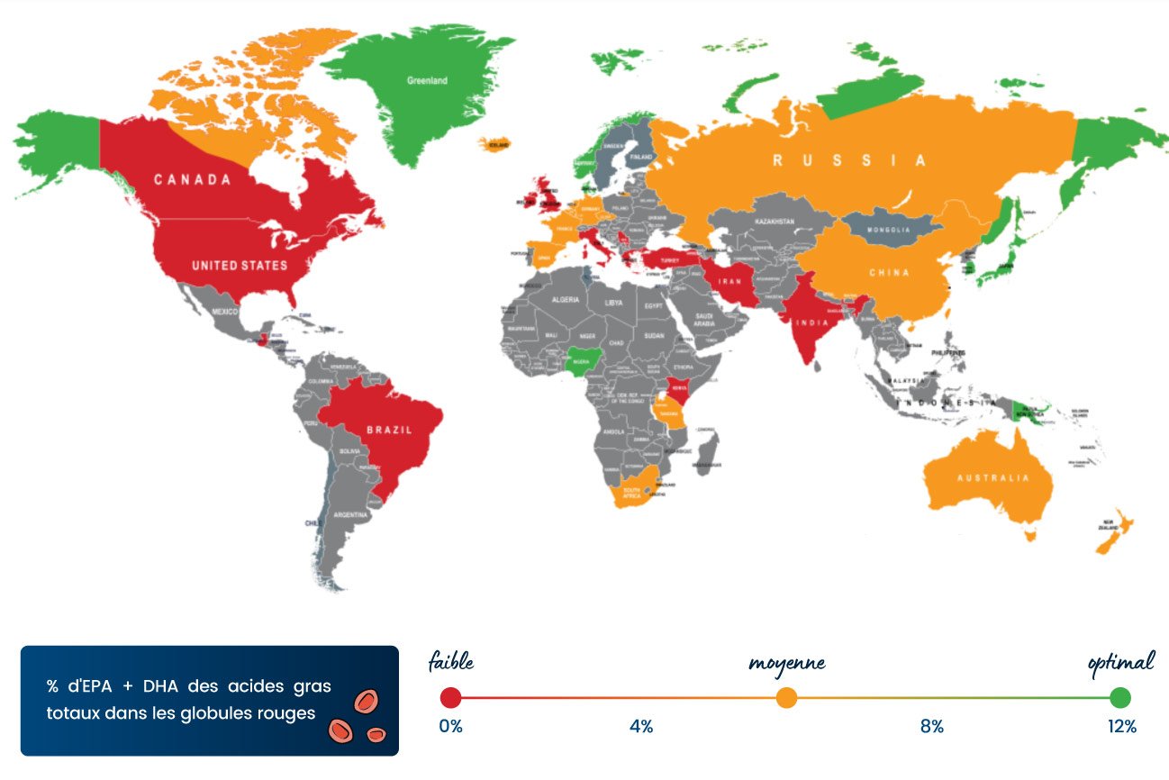 Carte mondiale des carences en oméga 3 Carte mondiale des carences en oméga 3