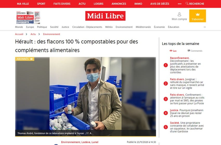 Article dans le Midi Libre : Hérault : des flacons 100 % compostables pour des compléments alimentaires
